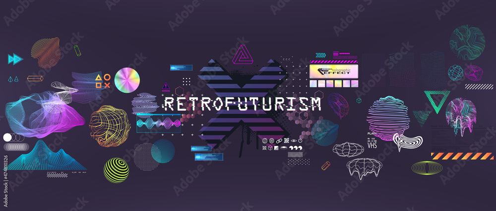 Graphic artwork elements, generative geometric shapes. Trendy holographic collection. Vaporwave and retrofuturistic style. Geometric 3D shapes, elements with Neon and glitch effects. Vector set