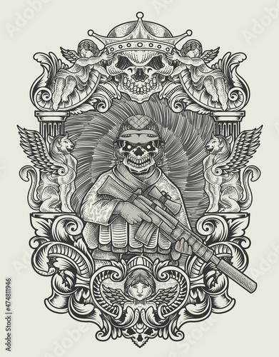 illustration vintage skull army with engraving style