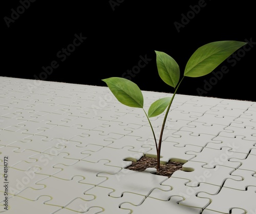 jigsaw with a plant is seedling from the soil 3d rendered