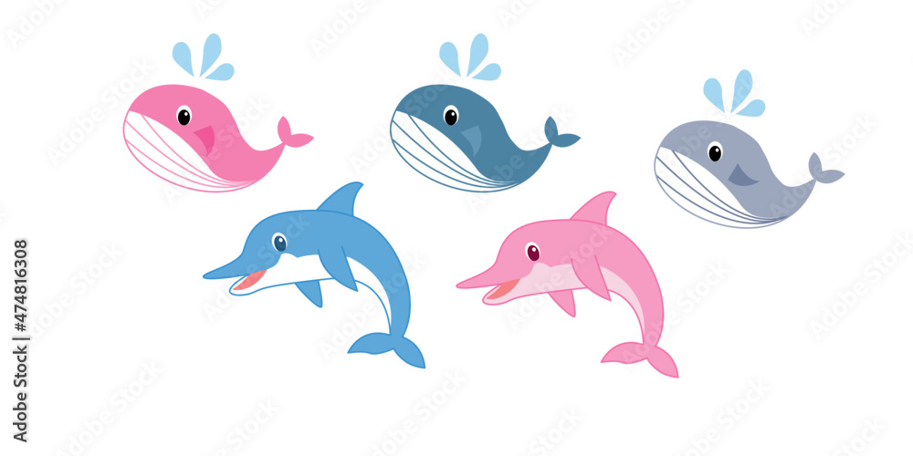 Set of cute dolphins cartoon. Cute blue and pink dolphins set,set of whales, vector illustration 