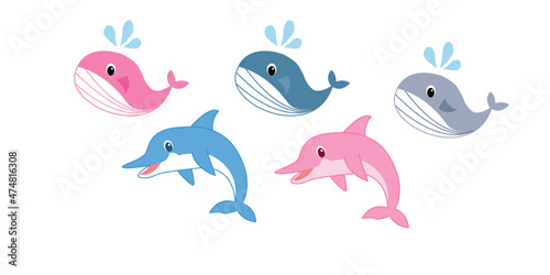 Set of cute dolphins cartoon. Cute blue and pink dolphins set set of whales  vector illustration 