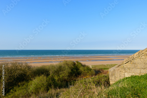 The WN62 bunker above Omaha beach in Europe  France  Normandy  towards Arromanches  Colleville  in spring  on a sunny day.