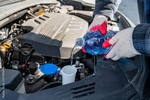 Automobile Maintenance. Filling the Windshield Washer Fluid on a Car