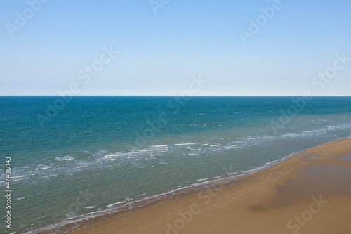 Omaha beach and the Channel Sea in Europe  France  Normandy  towards Arromanches  Colleville  in spring  on a sunny day.