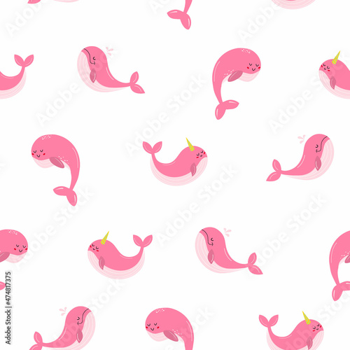 The pattern is a kind pink whale in delicate pink colors. Three different whales. Proud and sweet. Vector illustration.