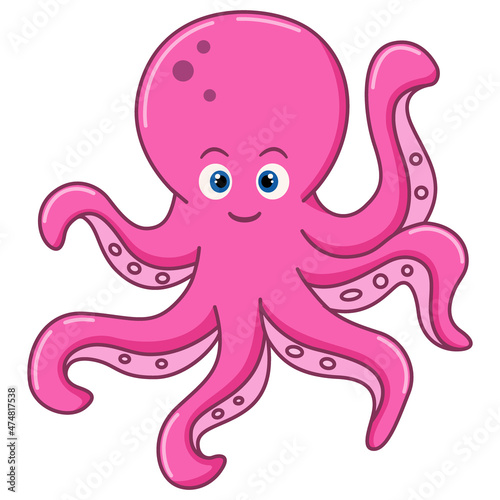 Cartoon cute pink octopus on white background