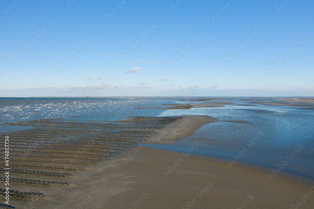 The oyster park at Utah Beach in Europe, France, Normandy, towards Carentan, in spring, on a sunny day.