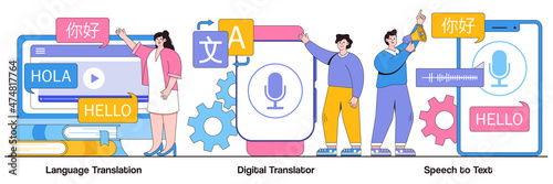 Language translation, digital translator, speech to text concept with people character. MT mobile application, multilingual communication, voice recognition app abstract vector illustration set