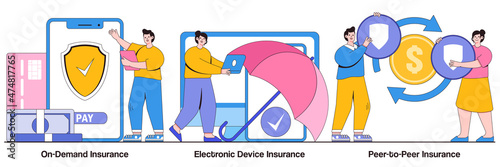On demand insurance, electronic device insurance, peer to peer insurance concept with people character. Services ordering, financial protection, risk sharing abstract vector illustration set