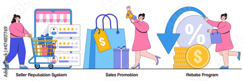 Seller reputation system, sales promotion, rebate program concept with people character. E commerce abstract vector illustration set. Online store discounts, internet shopping metaphor