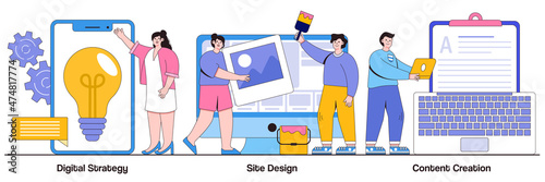 Digital strategy, site design, content creation concept with people character. Outbound marketing abstract vector illustration set. Creative writing, web development and mobile advertising metaphor