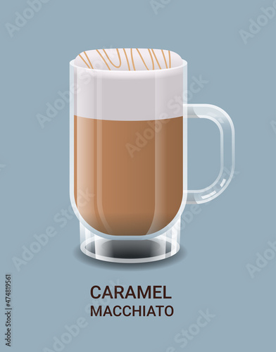 realistic coffee in glass cup hot caramel macchiato drink