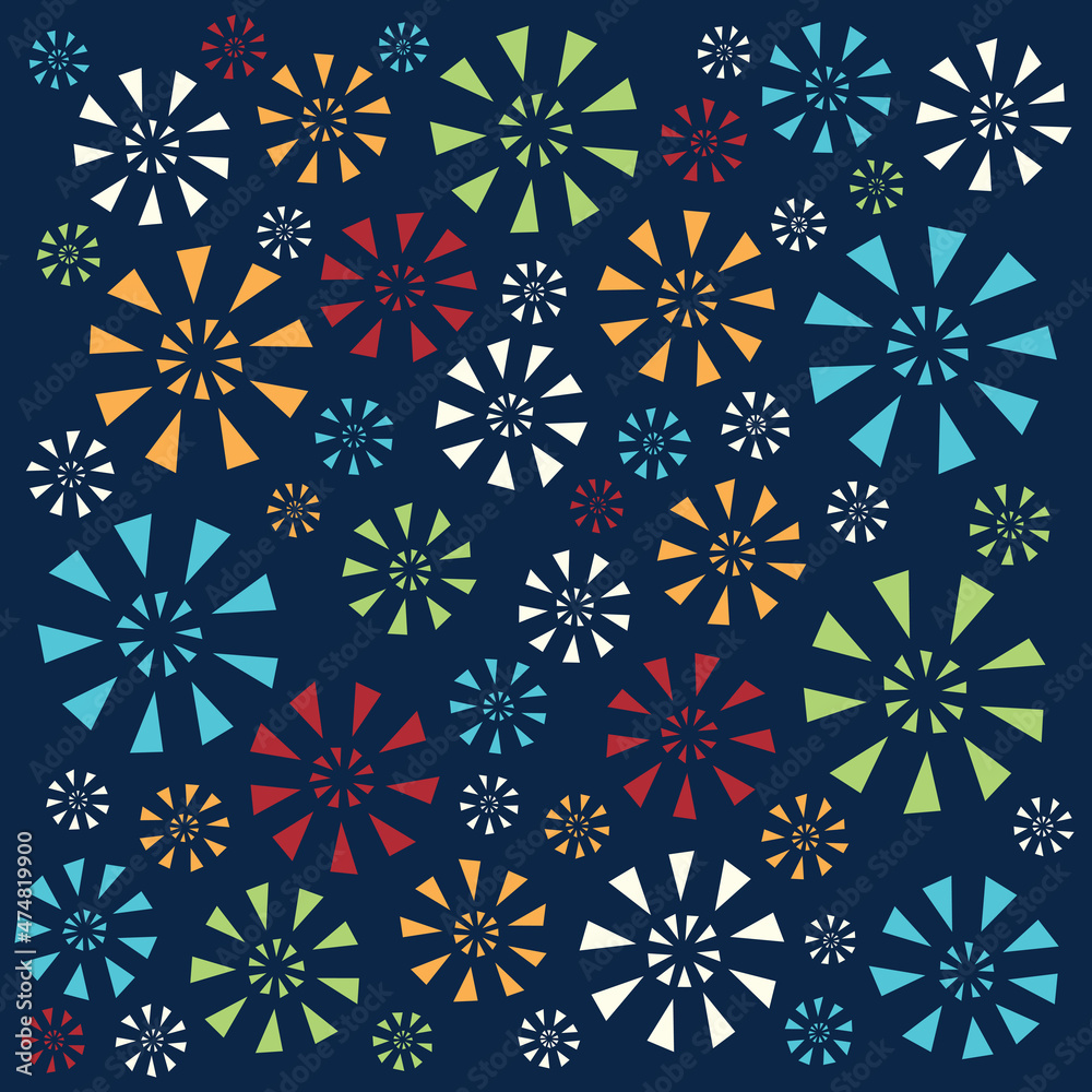 Vector retro styled illustration. Colorful fireworks on a dark blue background. Square format.