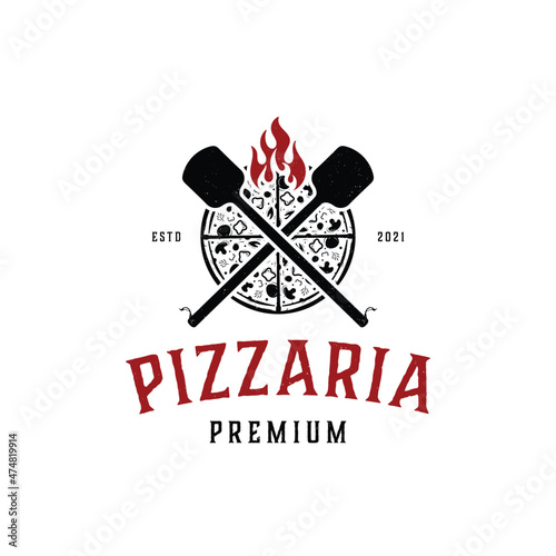 Pizza logo with oven shovel. Wood fired pizza on white background
