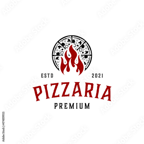 Hot Pizza logo hipster retro vintage vector template, Fast Pizza Delivery logo