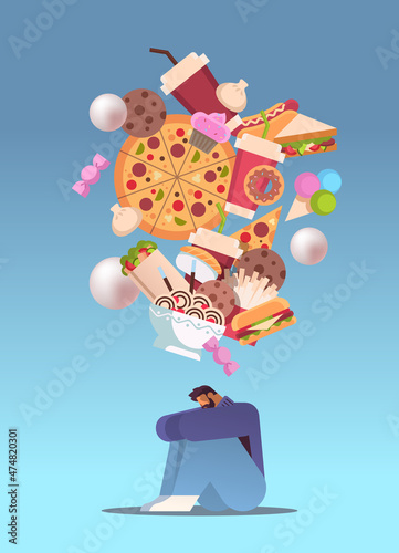 sad overweight man thinking about junk food unhealthy nutrition junkfood addiction stop fast food concept
