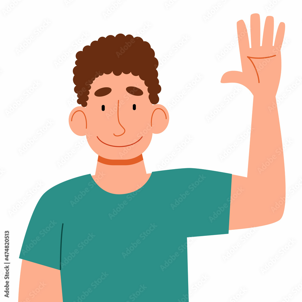A fashionable male in casual clothes waves her hand. A flat vector illustration with a gesture of greeting a man. A fashionable male in casual clothes waves her hand. A flat vector illustration with a gesture of greeting a man.