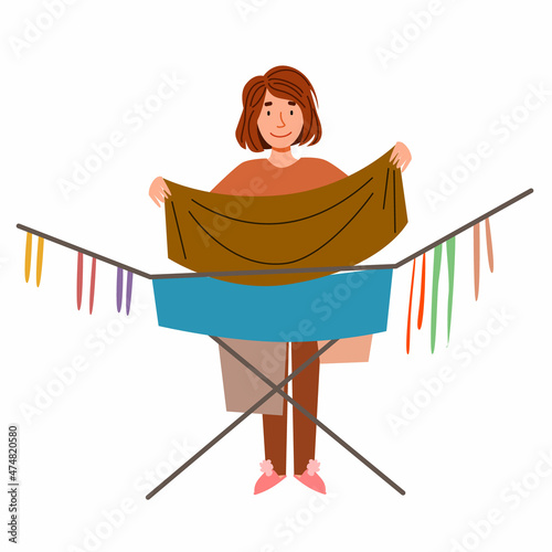 The girl hangs clean laundry on the dryer. A woman cleans the house. Vector illustration in a flat style.