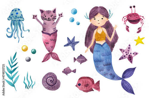 Marine collection: mermaid, fish, jellyfish, mermaid cat. Watercolor illustration. Isolated over white background.