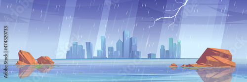 Sea landscape with stones in water and city buildings on skyline in rain. Vector cartoon illustration of lake or river with skyscrapers on horizon and thunderstorm with lightning