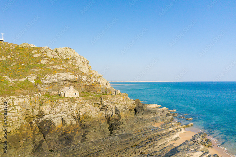 The rocks of Cap de Carteret in Europe, France, Normandy, Manche, in spring, on a sunny day.