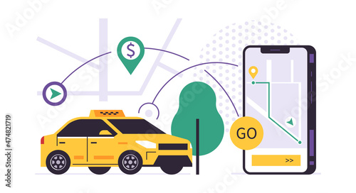 Taxi ordering service mobile app concept. Phone with ordering a taxi on the city map on the display. People transportation service. Yellow car, city map, gps point, icon. Flat vector illustration