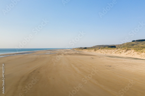 The sandy beach of La Vieille Eglise in Europe, France, Normandy, Manche, in spring, on a sunny day.