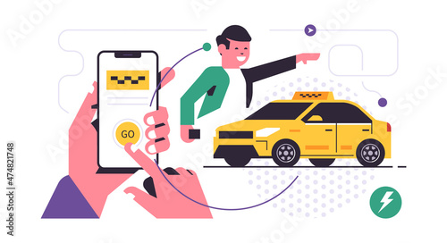 Taxi ordering service mobile application concept. A hand holding a phone with booking a taxi on the display. Urban cab service. Yellow car, happy man. Flat vector illustration