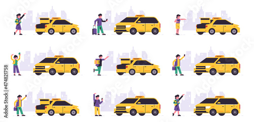 Set of online taxi ordering service. Urban cab service. Passengers and yellow car on the background of the city. Vector illustration isolated on background.