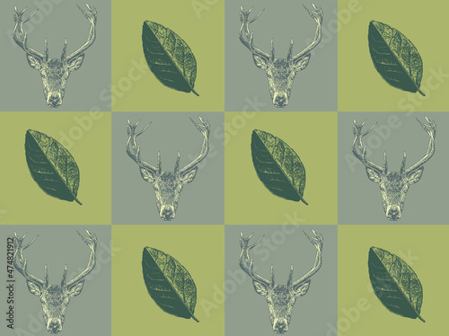 Seamless pattern with deer and leaves. Surface design for fabric, wallpaper, objects, covers, wrapping paper, mosaic.