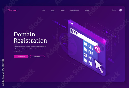 Domain registration isometric landing page. Website hosting concept with digital device screen and names list for online store, blog or business services on purple background, 3d vector web banner