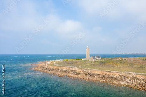 The Cap Levi lighthouse and its countryside in Europe, France, Normandy, Manche, in spring, on a sunny day.