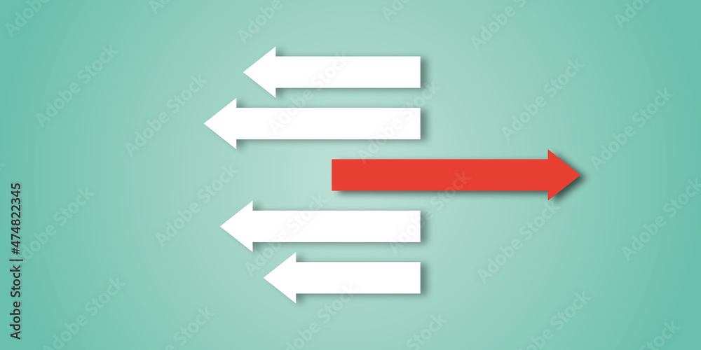 Red arrow change direction from group on green background as metaphor for business creativity new idea to discovering new business options, Individual and unique leader. copy space. paper art design. Red arrow change direction from group on green background as metaphor for business creativity new idea to discovering new business options, Individual and unique leader. copy space. paper art design.