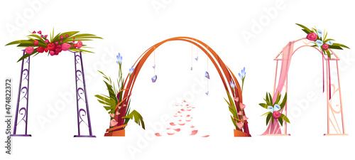 Billede på lærred Wedding arches decorated with flowers, leaves, crystals and textile