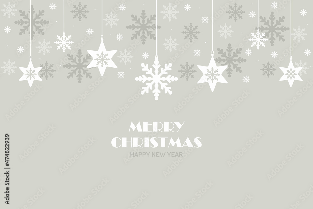 Merry Christmas card. Christmas background with grey and white snowflakes hanging decorations. Vector design of winter holidays. Merry Christmas card. Christmas background with grey and white snowflakes hanging decorations. Vector design of winter holidays.