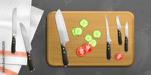 Fresh vegetable slices lying on cutting board with knives and tablecloth top view. Food cooking on kitchen, tomato and cucumber pieces on rectangle wood plank, Realistic 3d vector illustration