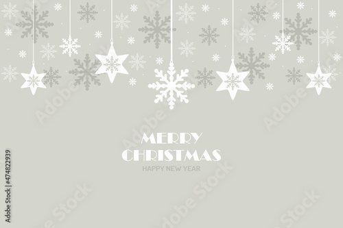  Merry Christmas card. Christmas background with grey and white snowflakes hanging decorations. Vector design of winter holidays.