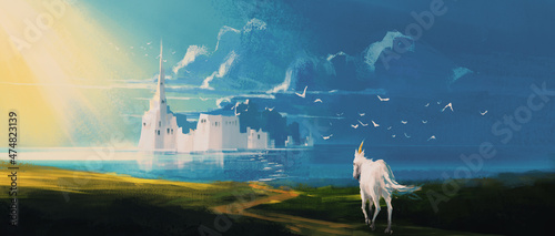 Canvas Print Surreal scenes with unicorn, 3d illustration.