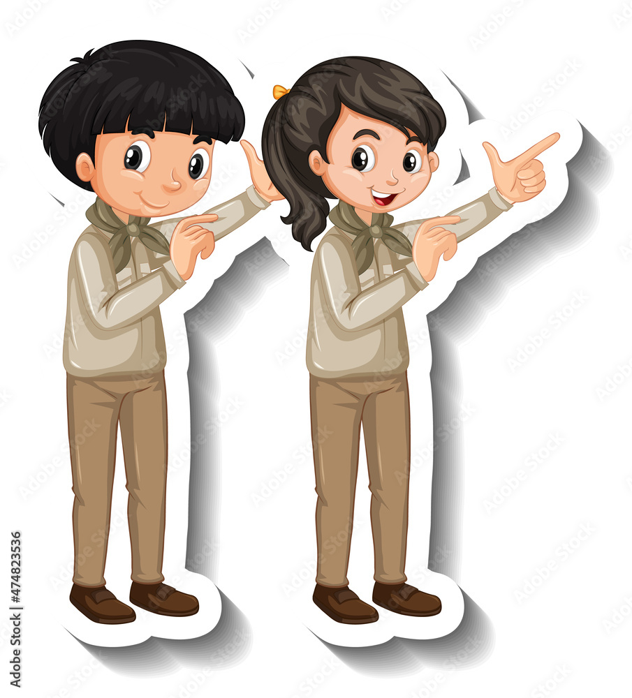 Couple kids wear safari outfit cartoon character sticker Couple kids wear safari outfit cartoon character sticker