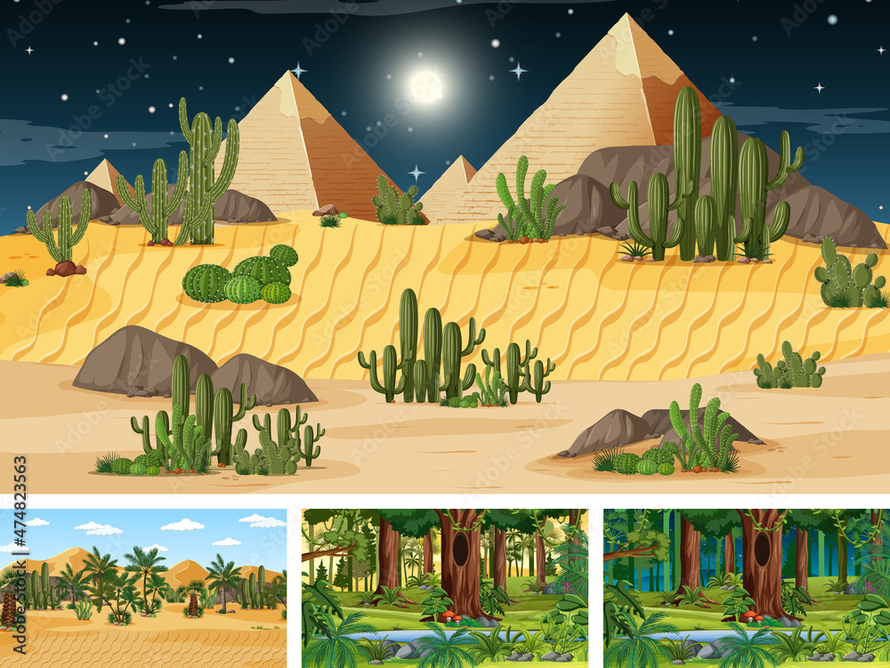 Different nature horizontal scenes in cartoon style