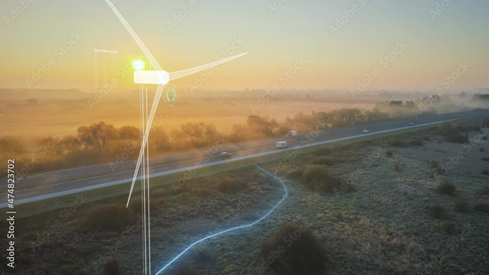 Futuristic holographic wind turbine powering an electric car driving on the highway during sunset, charging lithium battery while travelling, climate change and artificial intelligence concept
