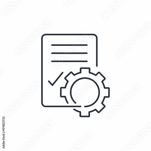 Gear and document. Technical support  list, сontrol file. Software development concept. Vector linear icon isolated on white background.