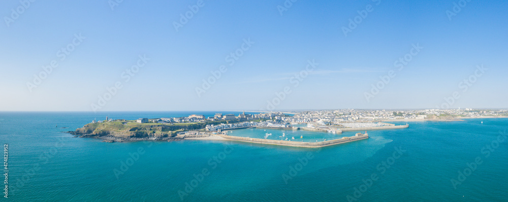 The panoramic view of the city and the port of Granville in Europe, France, Normandy, Manche, in spring, on a sunny day.