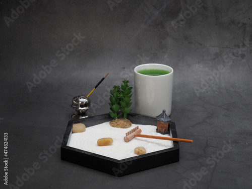 Zen Garden, Green Tea and Burning Incense