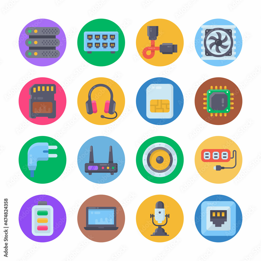Computer Hardware Flat Circle Icons - Stroked, Vectors Computer Hardware Flat Circle Icons - Stroked, Vectors