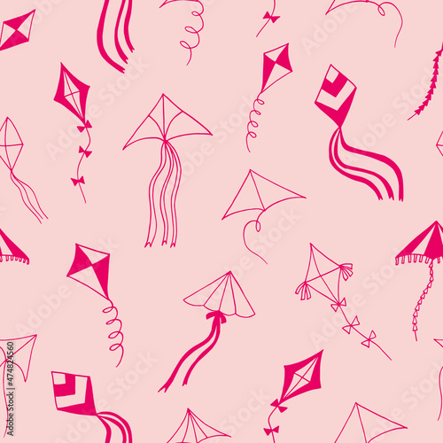 kites seamless pattern hand drawn doodle. vector, minimalism, scandinavian, monochrome, trendy colors 2022. toy, sky, wind, flying, ribbon, tail. wallpaper, textile, background, wrapping paper.