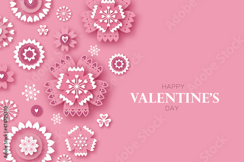 Happy Valentine's Day. Abstract Pink Floral Greeting card. International Happy Women's Day. 8 March holiday paper cut style, paper craft Flowers bouquet. Happy Mother's Day. Space for text. Vector