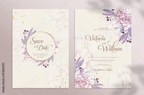 Double Sided Wedding Invitation Template with Purple Flower