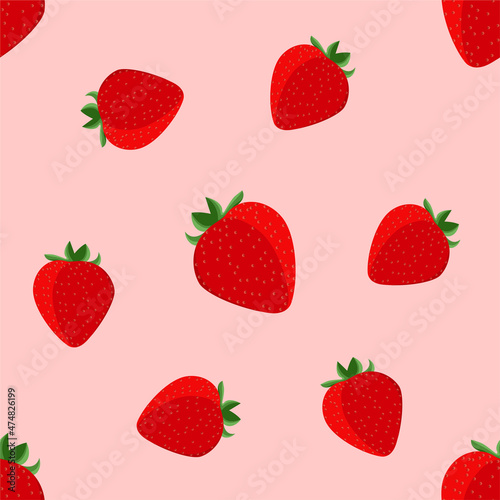 strawberry repeat pattern, Fruity repeat pattern vector illustration created with strawberry fruit on light red background.