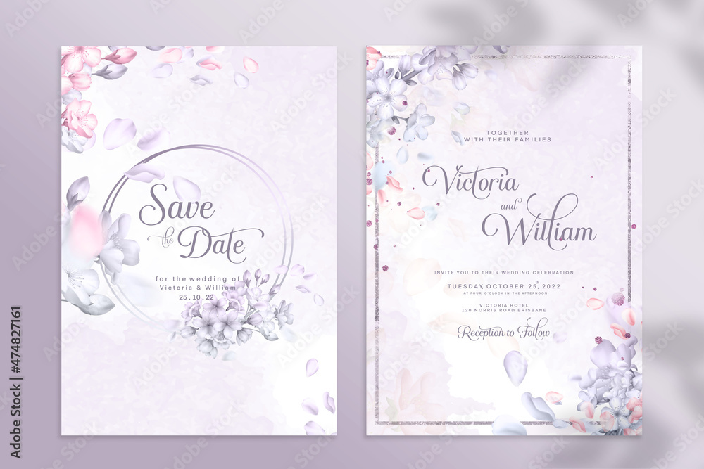 Double Sided Wedding Invitation Template with Watercolor Purple Flower
